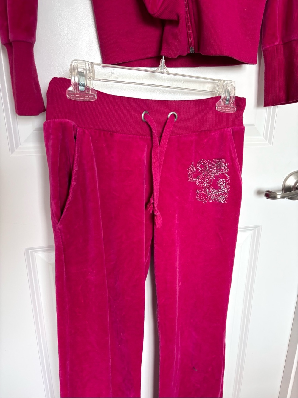 Vintage Y2K One Love Hot Pink Velour Rhinestone Hoodie Flare Pants Set Small XS - Picture 5 of 16